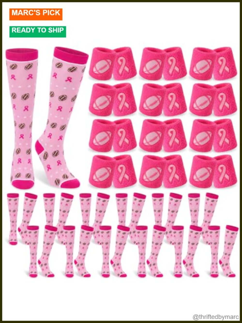 12 Pairs Breast Cancer Awareness Athletic Socks & Wristbands Set Polyester